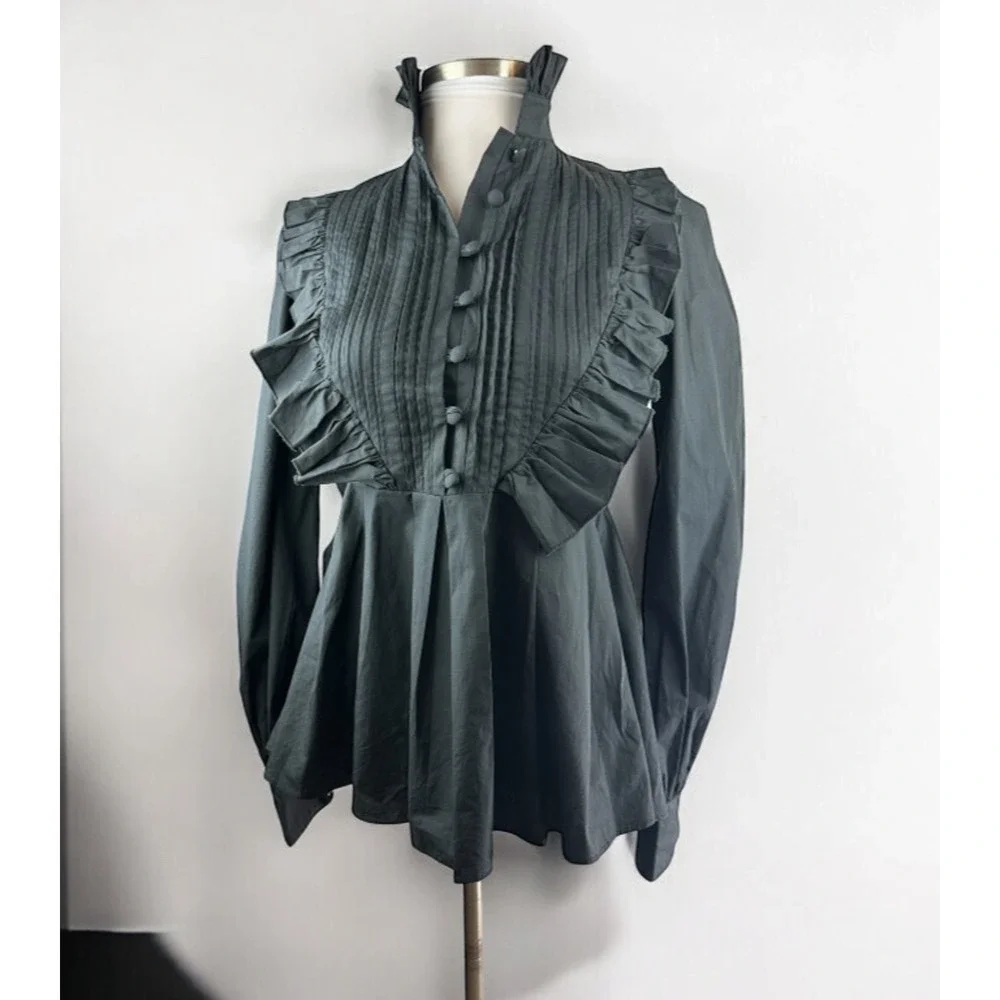 *Flawed* Victorian Choice Black Blouse Steampunk Witchy Goth Button Top Medium - Picture 16 of 16
